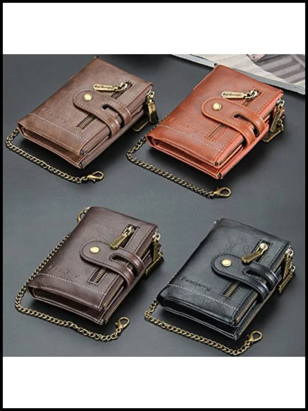 Men's Genuine Leather Bifold Wallet with Chain RFID Blocking